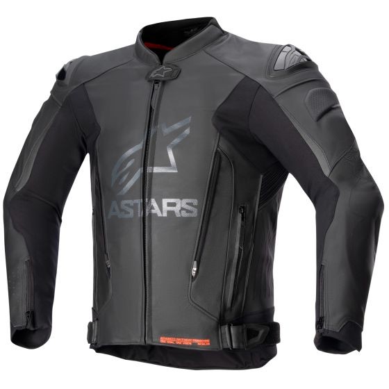 Black leather motorcycle jacket with a sleek design, featuring padded shoulders, ventilation zippers, and prominent "ASTARS" logo on the chest.