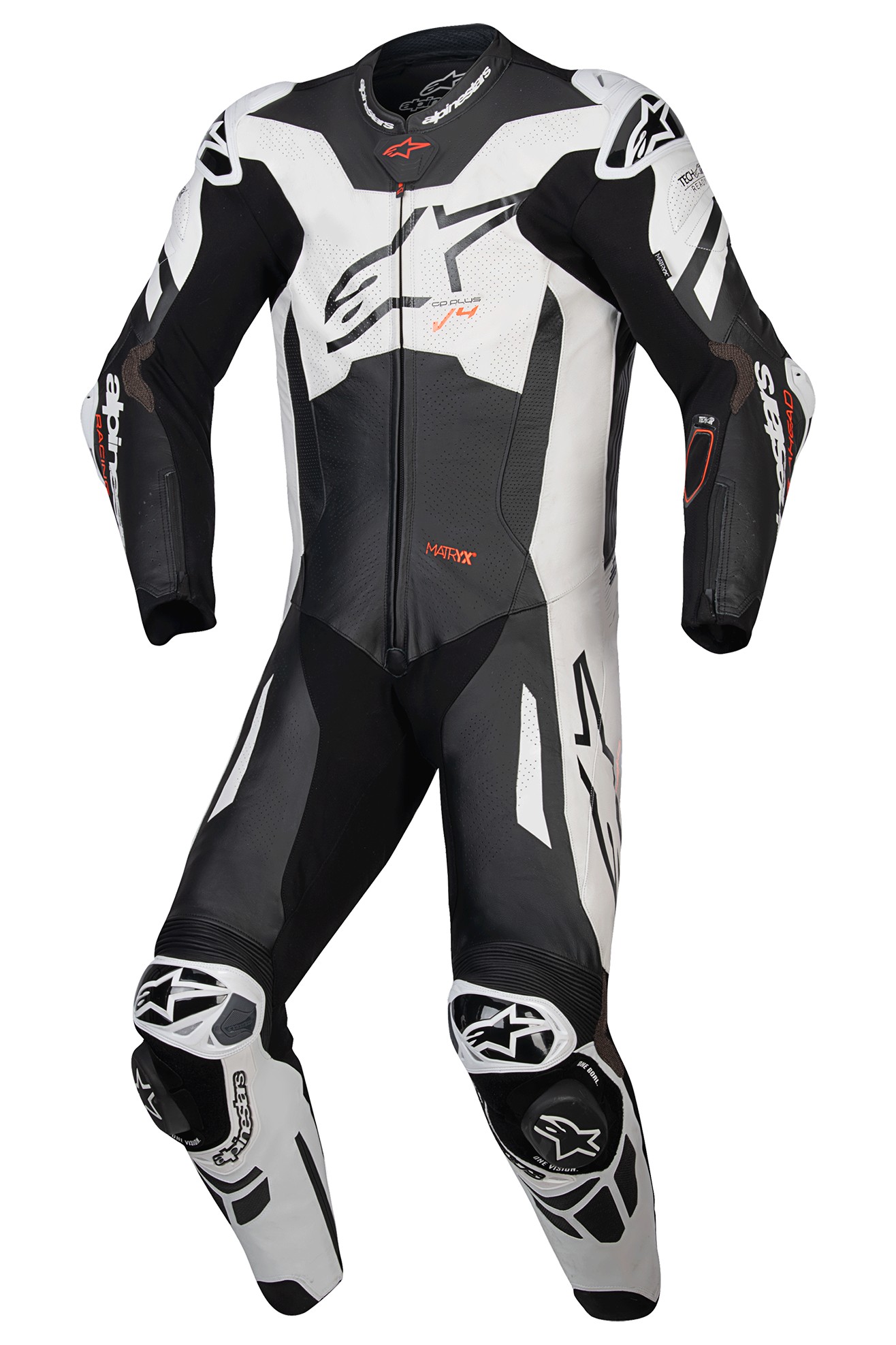 Black and white leather one-piece racing suit with neon-red accents, featuring protective padding, a front zipper, and Alpinestars branding, size 52.
