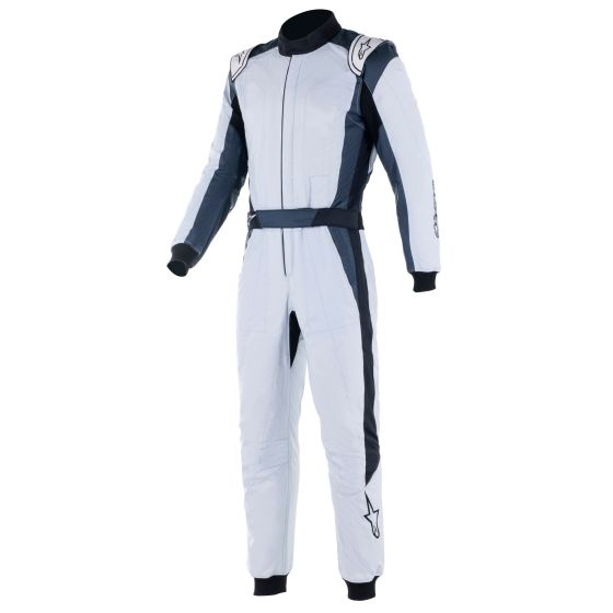 Alpinestars GP Pro Comp V2 Race Suit in silver, blue, asphalt, and black, featuring a sleek design, padded areas, and a fitted silhouette for optimal performance on the track.