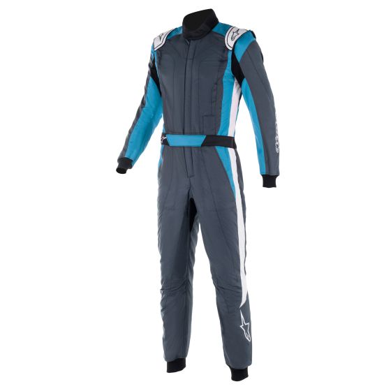 Alpinestars GP Pro Comp V2 Race Suit in asphalt gray with cyan and white accents, featuring a sleek design, padded shoulders, and a snug fit for optimal performance.