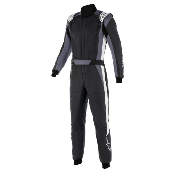 Alpinestars GP Pro Comp V2 race suit in black, asphalt, and white, featuring a sleek design, padded areas, and a zip front closure, ideal for motorsport performance.