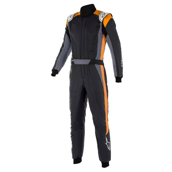 Black and asphalt racing suit with fluro orange accents, featuring a sleek design, padded shoulders, and a zippered front, ideal for motorsport enthusiasts.