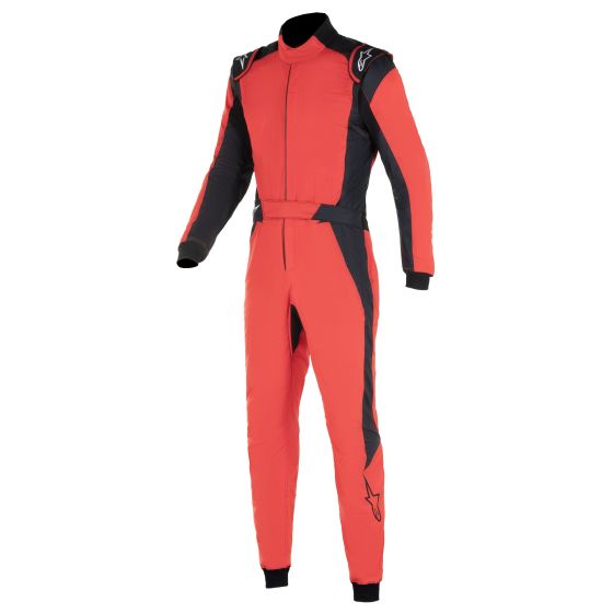 Red and black Alpinestars GP Pro Comp V2 Race Suit in size 56, featuring a sleek design, reinforced stitching, and snug cuffs for optimal fit and performance on the track.