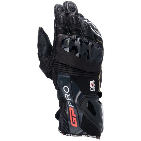Black perforated leather motorcycle gloves with protective knuckles, reinforced palm, and Alpinestars branding, designed for men in size L.