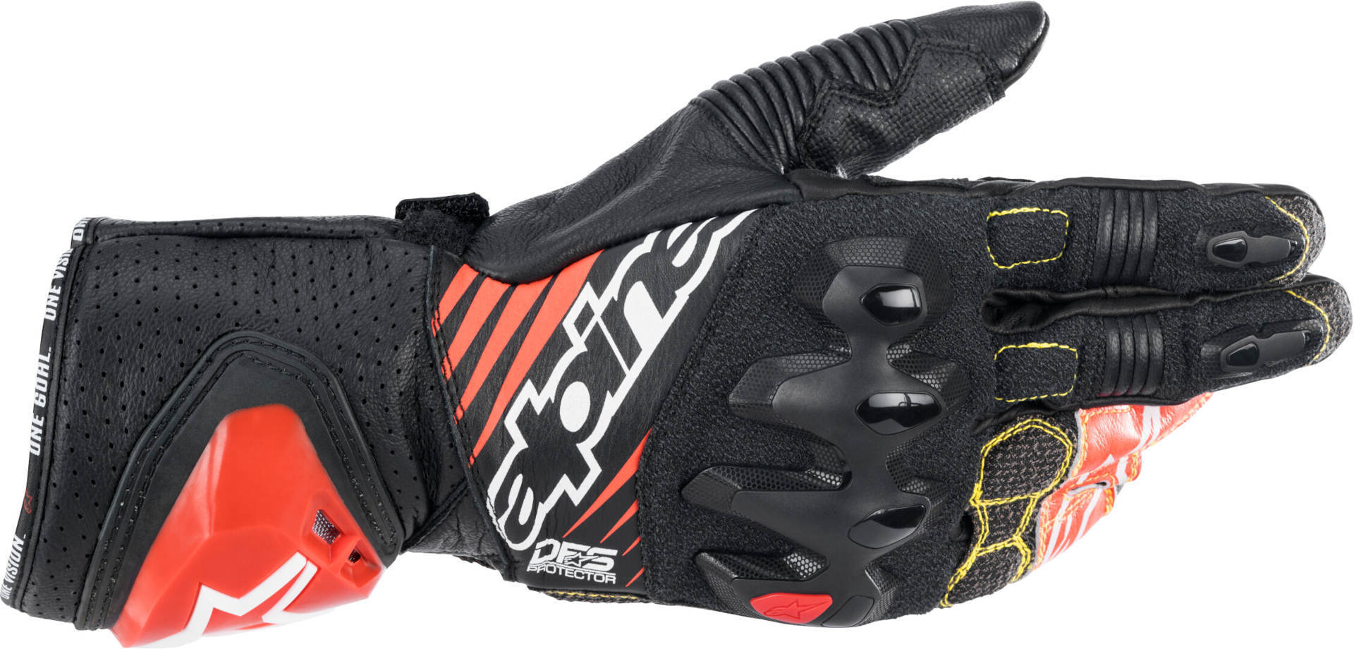 Black and white leather gloves with neon-red accents, featuring reinforced knuckles, perforated panels for breathability, and a secure wrist closure, sized XXL.