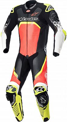 Alpinestars GP Tech V4 leather suit in black, neon red, and neon yellow, featuring perforated sections, a front zipper, and protective padding, size 54.