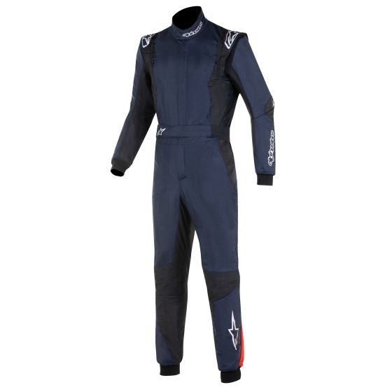 Alpinestars GP Tech V4 Race Suit in navy blue, black, and red, featuring a sleek design, protective padding, and reinforced stitching, size 46.