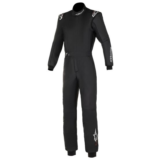 Alpinestars GP Tech V4 Race Suit in black and white, size 58, featuring a sleek design, padded areas, and logo detailing on shoulders and legs, made from durable racing material.