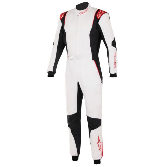 Alpinestars GP Tech V4 Race Suit in size 62 features a sleek design with white, black, and red colors, made from high-quality material with reinforced panels and a modern fit.