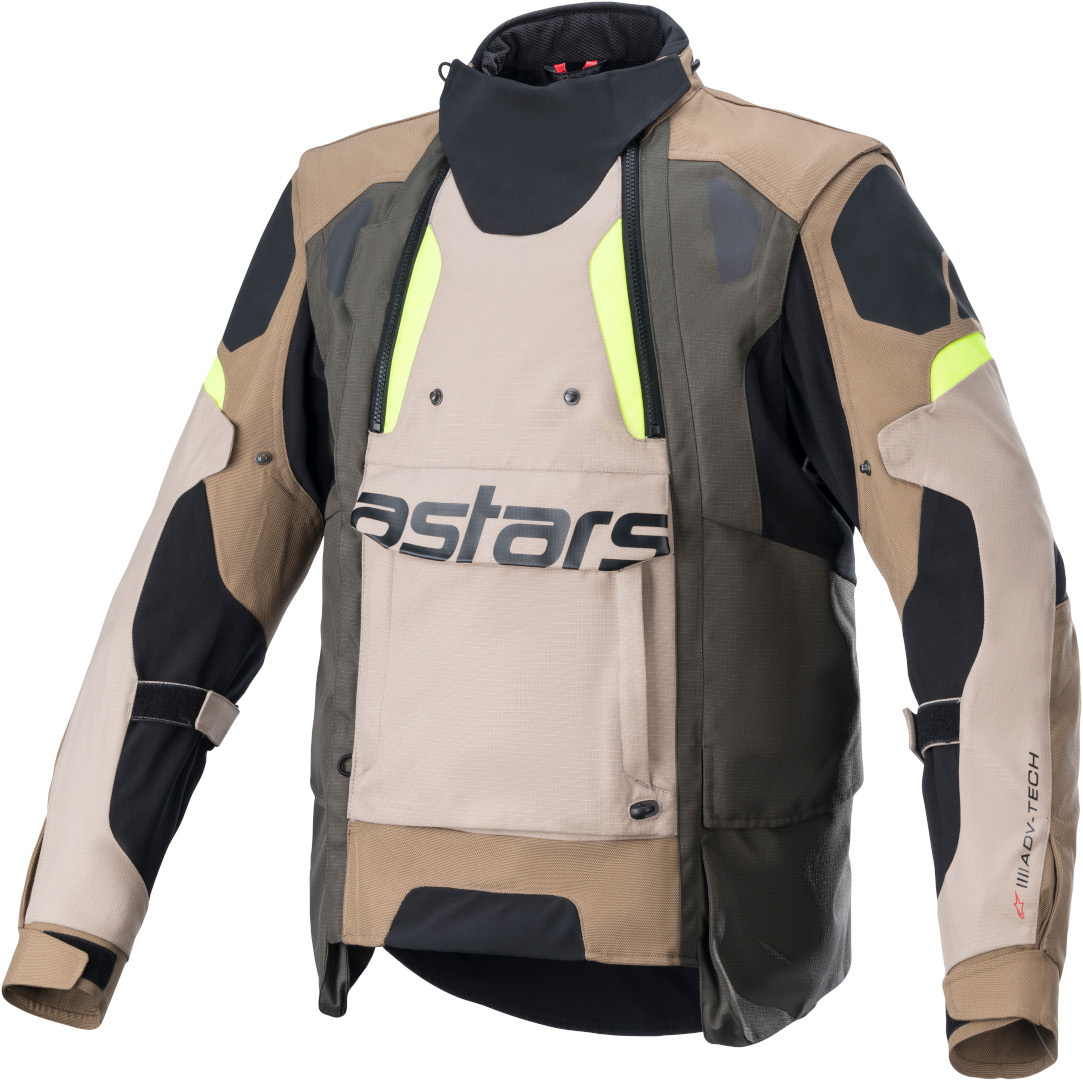 Green-brown Alpinestars Halo Drystar motorcycle textile jacket, featuring a durable exterior, reflective accents, and a large logo on the front, designed for men in size 4XL.
