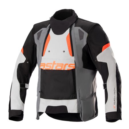 Black, grey, and orange Alpinestars Halo Drystar motorcycle textile jacket in size M for men, featuring a waterproof design, adjustable straps, and prominent logo on the front.
