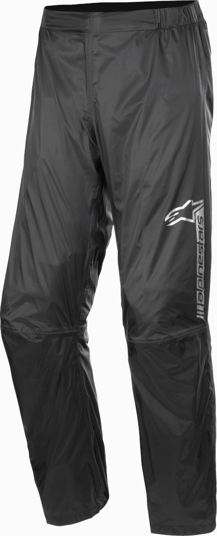 Black Alpinestars Hurricane V2 rain pants in size L for men, featuring a lightweight, waterproof material and a logo on the side for visibility.