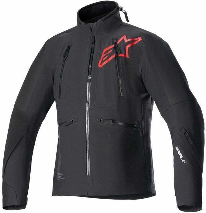 Black and light red Alpinestars Hyde XT textile jacket featuring Drystar technology, with multiple zippered pockets and a prominent red logo on the chest, in size 4XL.