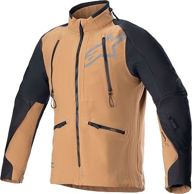 Beige and black textile jacket featuring Drystar technology, zippered pockets, and Alpinestars logo, designed for comfort and protection, available in size 4XL.