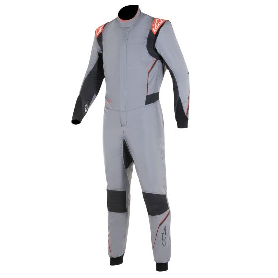 Alpinestars Hypertech V3 Race Suit in mid grey with black and fluro red accents, featuring a sleek design, reinforced panels, and a comfortable fit, size 44.