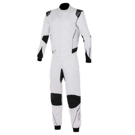 Alpinestars Hypertech V3 Race Suit in size 50, featuring a sleek white design with black and silver accents, made from lightweight, breathable material with reinforced stitching.
