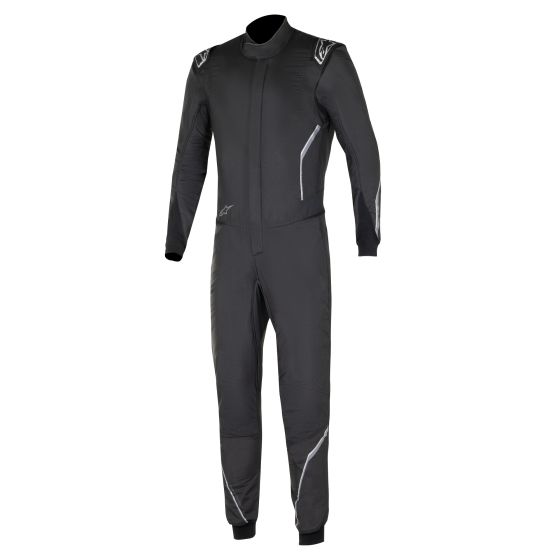 Alpinestars Hypertech V3 Race Suit in black and dark shadow, featuring a sleek design, long sleeves, and reflective accents for visibility, made from lightweight, durable material.