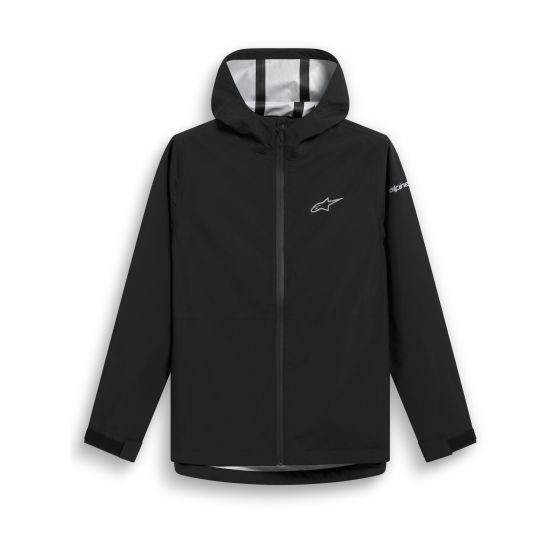 Black Alpinestars Kascade rain jacket in size S featuring a front zipper, adjustable hood, and reflective details on the sleeves.