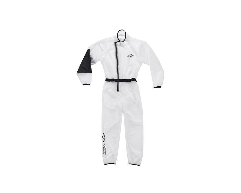 White rain suit for kids, featuring black accents on the sleeves and a zippered front, made from waterproof material, designed for karting, with an adjustable belt.
