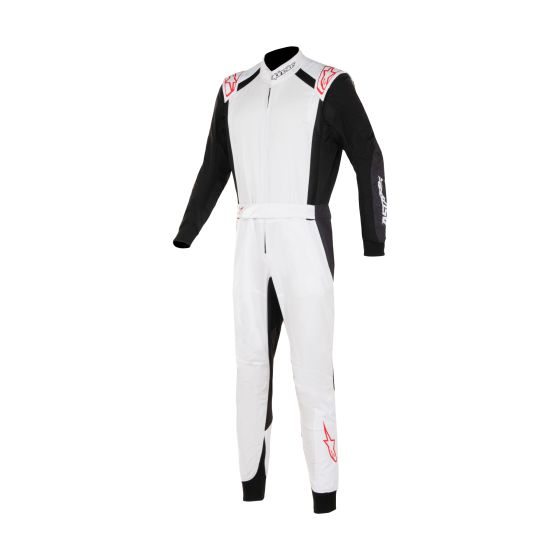 Alpinestars KMX-5 V3 kart suit in size 46, featuring a sleek design with white, black, and red colors, made of lightweight material with a zip front and adjustable waist.