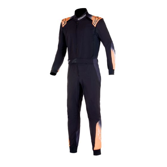 Black kart suit with white and fluro orange accents, featuring a zip front, long sleeves, and a fitted design, made from lightweight, breathable material, size 48.