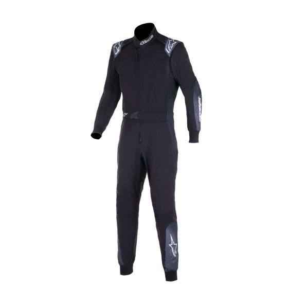 Alpinestars KMX-5 V3 kart suit in black and dark shadow, featuring a zip front, long sleeves, and reinforced stitching for enhanced durability, size 54.