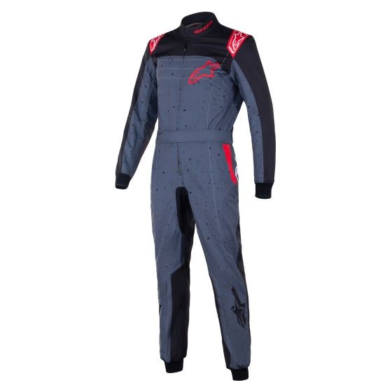 Alpinestars KMX-9 V3 kart suit in anthracite, black, and red, featuring a sleek design, padded sections, and prominent logos, size 46.