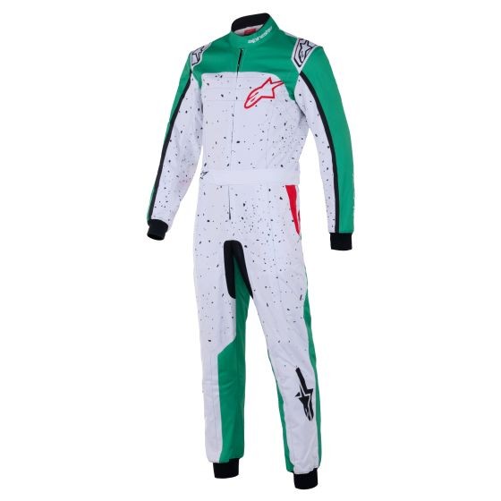 Alpinestars KMX-9 V3 kart suit in white with green and red graphics, featuring a zip front, elastic cuffs, and a child size of 130cm, designed for comfort and safety.