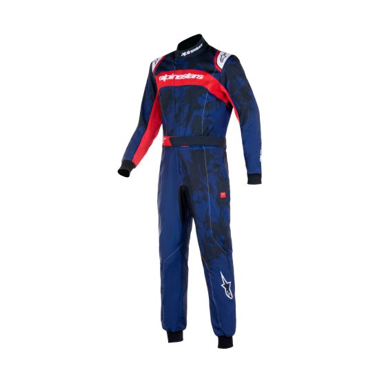 Navy blue and red Alpinestars KMX-9 V3 graphic kart suit, size 44, featuring a sleek design, long sleeves, and a prominent logo on the chest and leg.