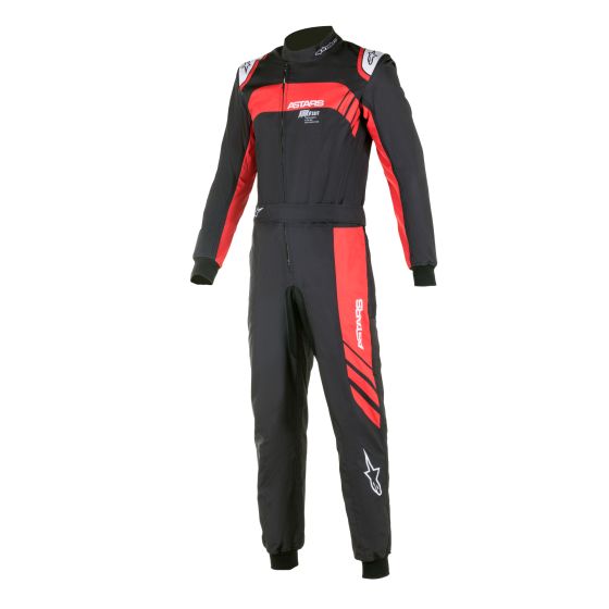 Alpinestars KMX-9 V3 kart suit in size 46, featuring a sleek black design with bold red accents and graphic details, made from lightweight, breathable material for optimal performance.