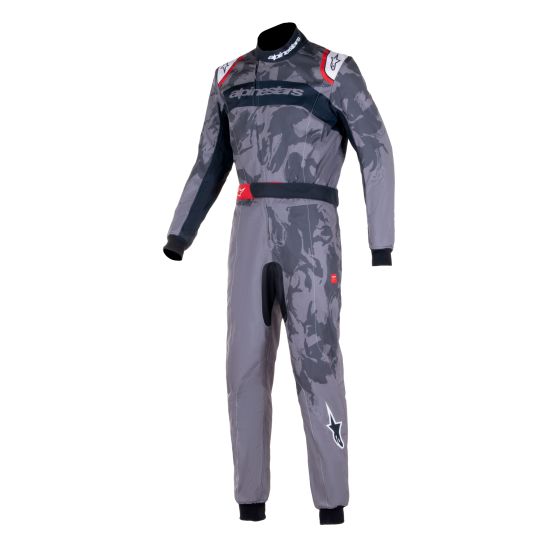 Alpinestars KMX-9 V3 kart suit in size 54, featuring a dark grey and black graphic design, made from lightweight material with red accents and a high collar.