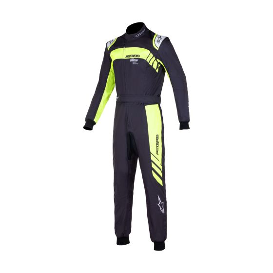 Black and fluro yellow Alpinestars KMX-9 V3 kart suit for children, featuring a sleek design, zippered front, and vibrant graphic accents for visibility and style.