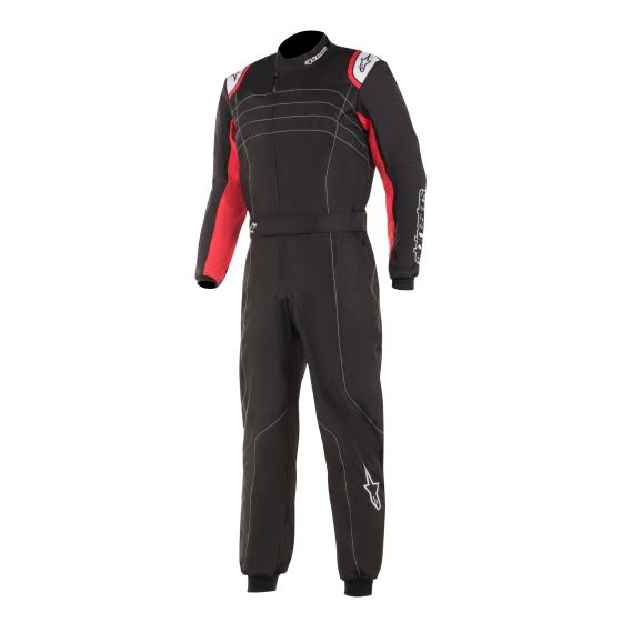Alpinestars KMX-9 V3 kart suit in size 50, featuring a sleek black design with red and white accents, made from lightweight material with a zip front and adjustable waist.
