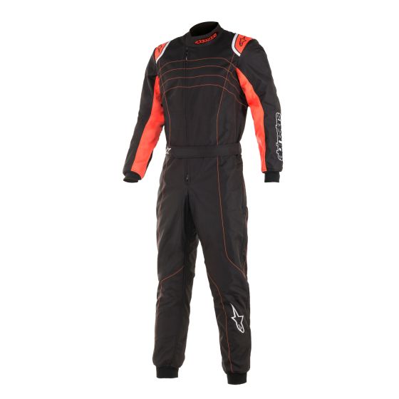 Black kart suit with fluro red accents, featuring a zip front, padded shoulders, and Alpinestars logo, designed for size 60, made from lightweight, breathable material.