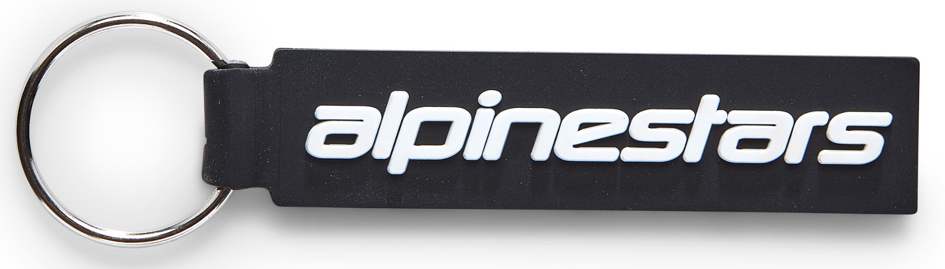 Black rubber keychain featuring the white "alpinestars" logo, attached to a metal keyring for easy carrying.