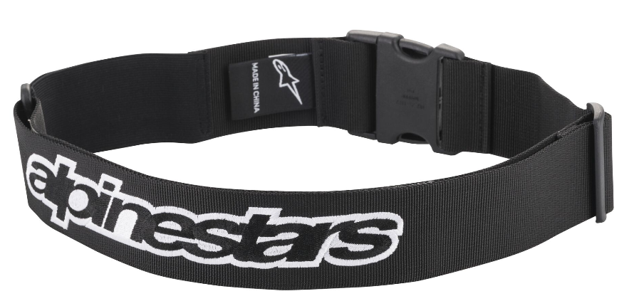 Black Alpinestars Mechanic Belt featuring a durable fabric material, adjustable buckle, and prominent white logo for a sporty look.