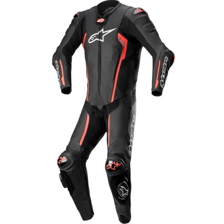 Black and red Alpinestars Missile V2 one-piece motorcycle leather suit, featuring a sleek design, padded shoulders, knee protectors, and prominent branding, size 48 for men.