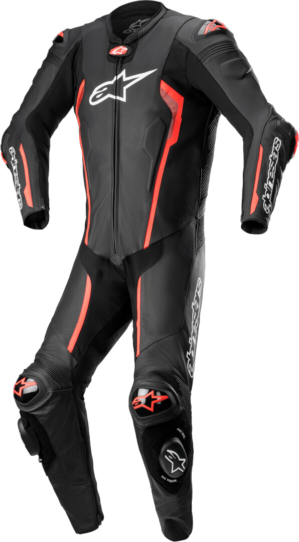 Black and red Alpinestars Missile V2 men's motorcycle one-piece leather suit, featuring a sleek design, padded shoulders, knee sliders, and ventilation details for optimal performance.