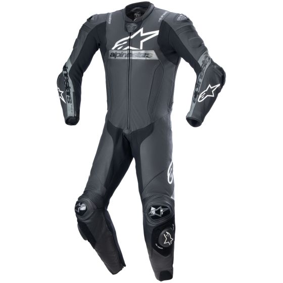 Black-grey perforated leather motorcycle suit with Alpinestars logo, featuring protective padding, aerodynamic design, and a fitted style, available in size 46 for men.