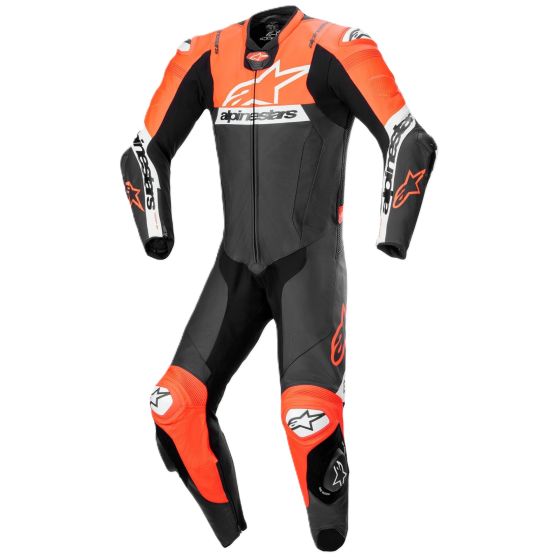 Black and red perforated leather motorcycle suit with Alpinestars branding, featuring protective padding, a streamlined design, and a fitted silhouette, size 46 for men.