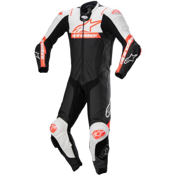 Alpinestars Missile V2 Ward leather one-piece suit in black, white, and neon red, featuring prominent branding, protective padding, and a fitted design, size 46.