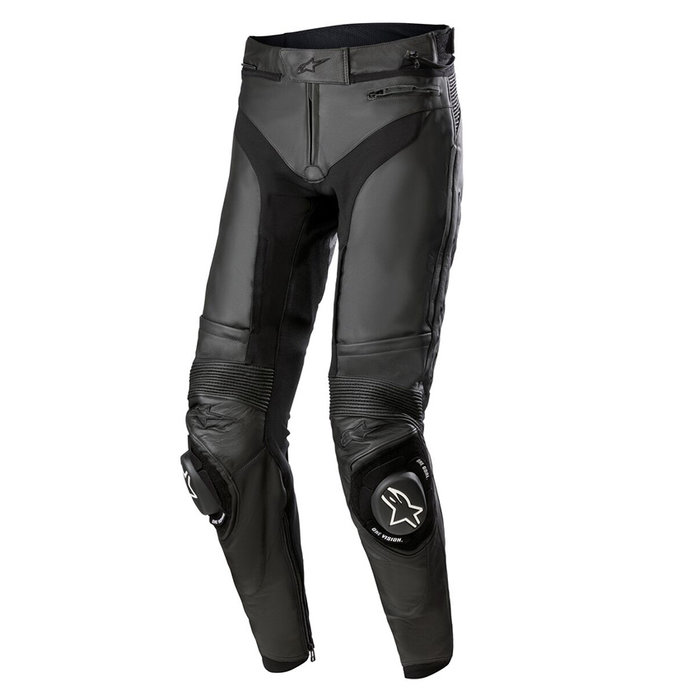 Black leather motorcycle pants featuring a sleek design, knee armor, and stretch panels for flexibility, designed for men in size 52 by Alpinestars.