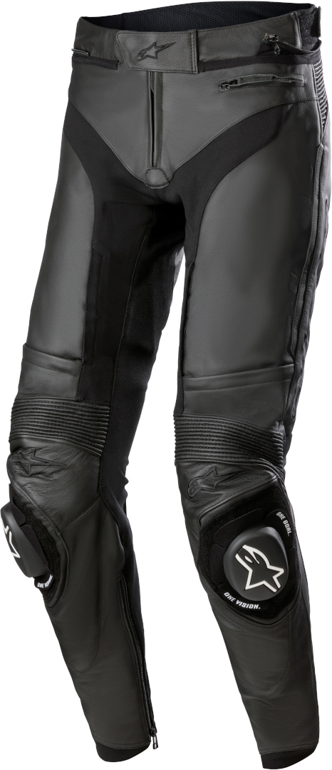 Black leather motorcycle pants featuring knee sliders, stretch panels, and a sleek design, designed for men in size 56 by Alpinestars.
