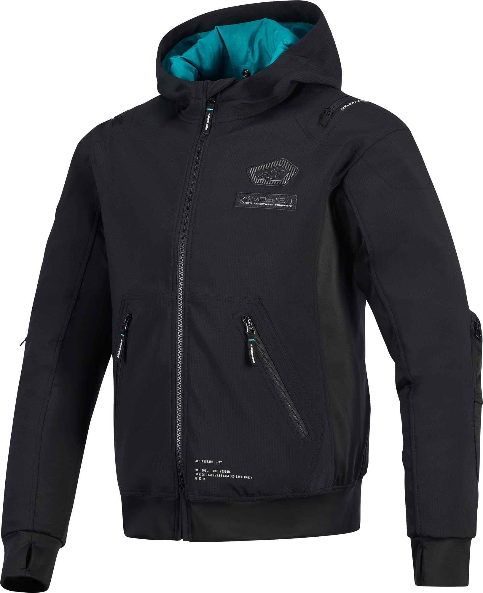 Black waterproof textile jacket with a hood, featuring a turquoise interior lining, multiple zippered pockets, and Alpinestars branding, available in size XL.