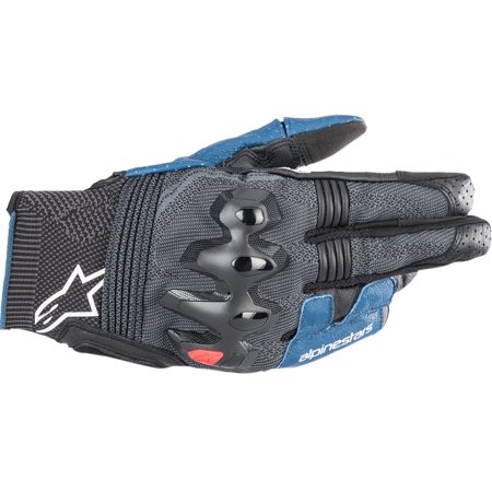Black and blue Alpinestars Morph Sport motorcycle gloves featuring a textured grip, knuckle protection, and breathable material, designed for comfort and safety.