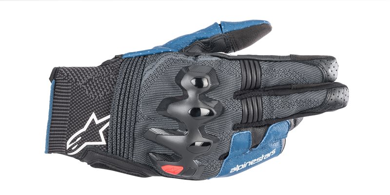 Black and light blue Alpinestars Morph Sport gloves in size S, featuring a textured grip, protective knuckle armor, and breathable mesh material.