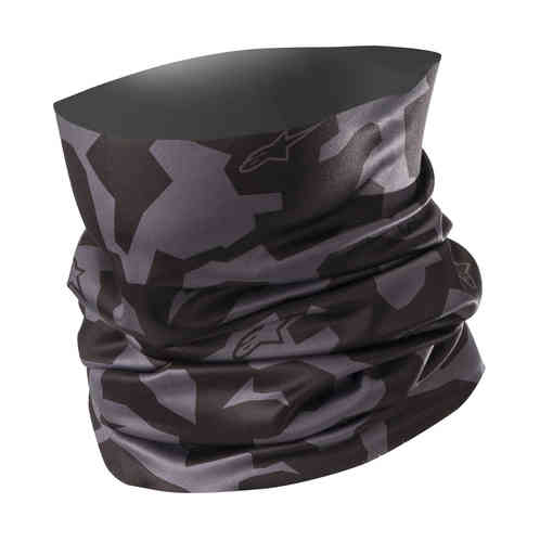 Black and anthracite neck tube featuring a camouflage pattern, made from soft, stretchy material, ideal for outdoor activities and providing warmth and comfort.