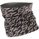 Black multifunctional headwear featuring a white Alpinestars logo pattern, made from stretchy, breathable material, ideal for various outdoor activities.