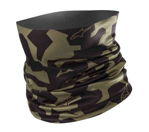 Multifunctional headwear in a black and olive green camouflage pattern, featuring soft, stretchy fabric and the Alpinestars logo.