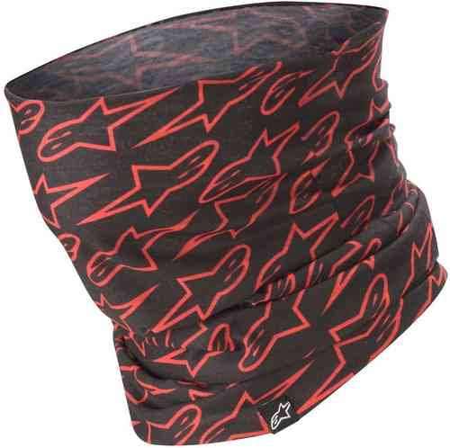 Multifunctional headwear in black with a repeating red Alpinestars logo pattern, made from stretchy, breathable material for comfort and versatility.